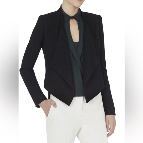 BCBGMAXAZRIA Abbey Blazer Jacket Black Asymmetrical Open-Front Crop S - Picture 1 of 9